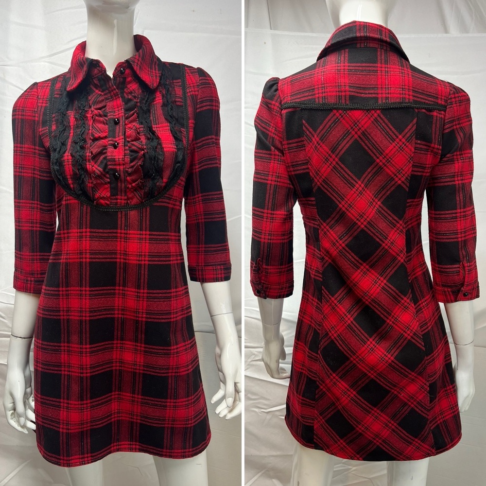 Ray Cassin Women’s S Red Black Buffalo Plaid Lace Ruffle 3/4 Sleeve Mini Dress